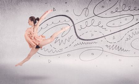 Ballet dancer performing art dance with hand drawn lines and arrows concept on background