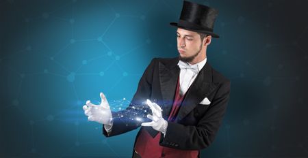 Magician with blue background and geometrical connection between two hands