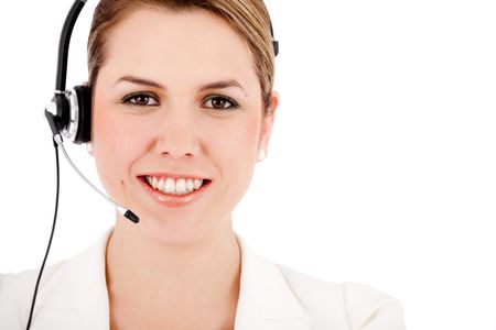 Business woman with headset - isolated over a white background