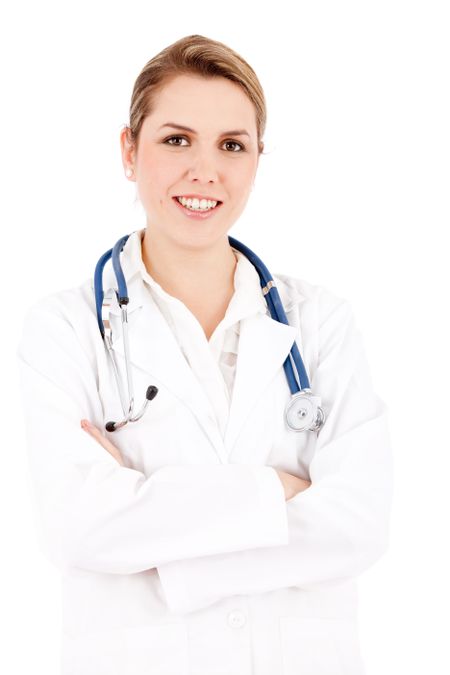 Friendly female doctor smiling - isolated over white