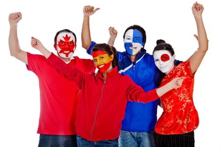 Happy diverse group with flags of different countries on their faces and arm up