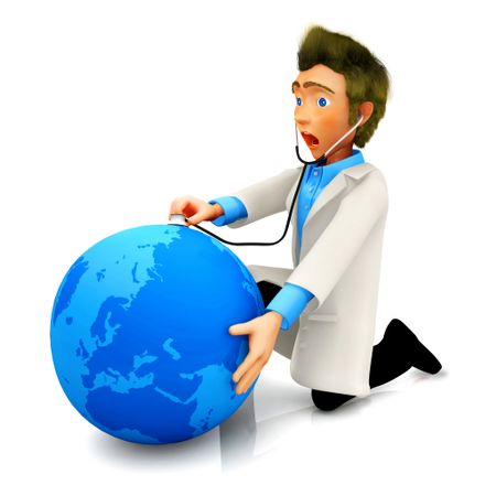 3D doctor with a stethoscope examining the Earth - isolated over a white background