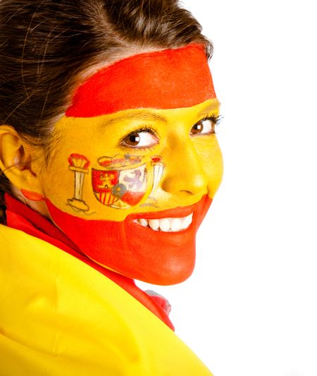 Spanish woman with the flag painted on her face ? isolated over a white background