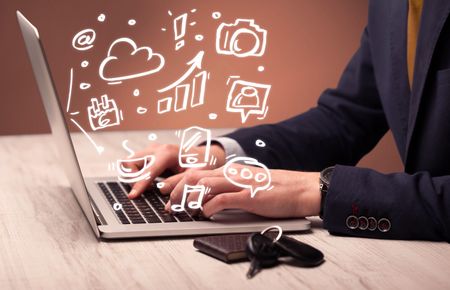 An elegant businessman sitting at desk and pushing the buttons of his laptop keyboard while working on everyday office tasksillustration concept