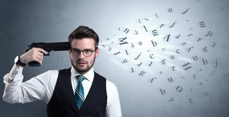 Man shoots his head with gun and letters are coming out from his head