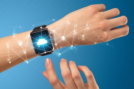 Naked female hand with smartwatch and with cloud technology and connection  symbol