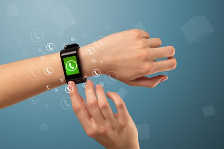 Female handwearing a ringing smartwatch with call icons around