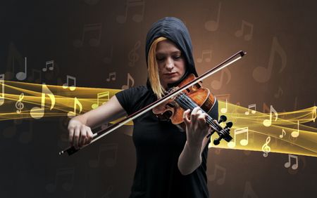 Young male musician playing on his violin with musical notes around