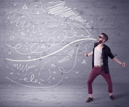 A mad hipster guy with beard shouting drawn white lines, curves on concrete urban wall illustration background concept