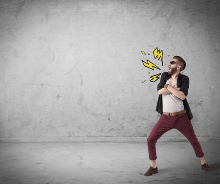 An angry hipster guy in casual clothes shouting heavily with drawn thunder sign illustration concept