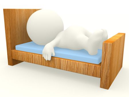 3D guy sleeping on a wooden bed - isolated over white