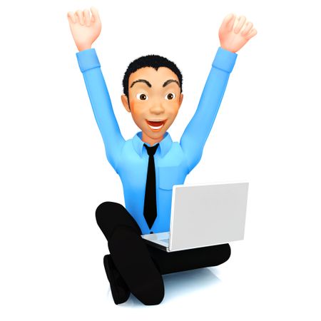 3D successful business man with a laptop and arms up