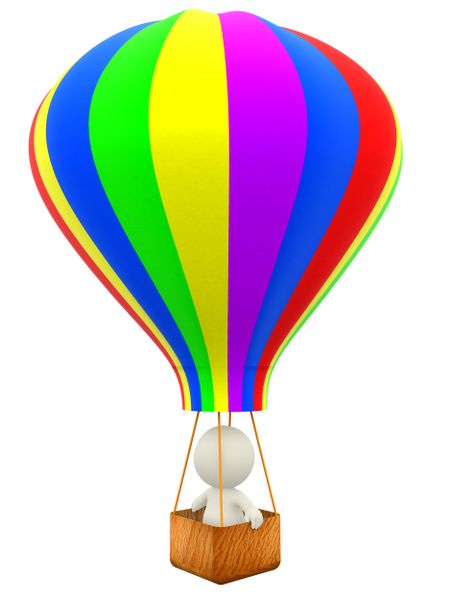 3D man taking a ride in a hot-air balloon - isolated