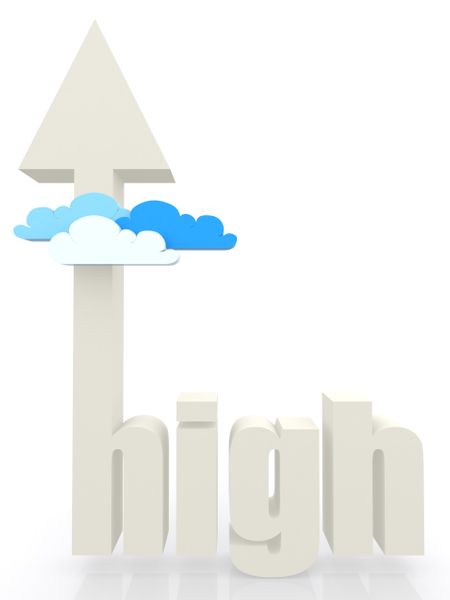 3D arrow pointing up with the text high - isolated over a white background