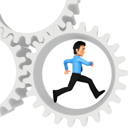 3D man running in assembled cogwheels - isolated over a white background