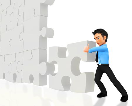 3D business man assembling puzzle pieces -isolated over white