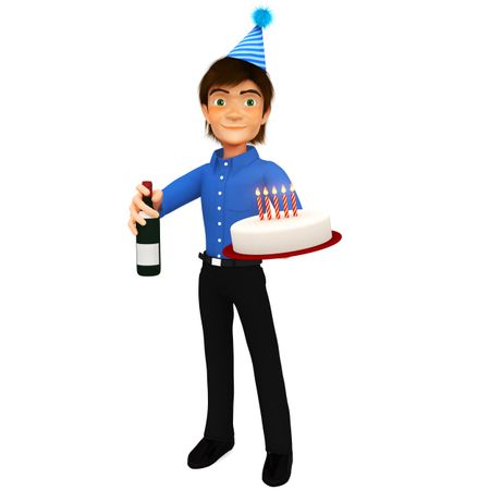 3D Man celebrating a birthday with a cake and a bottle of wine - isolated
