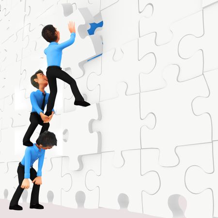 3D business men assembling puzzle pieces -isolated over white