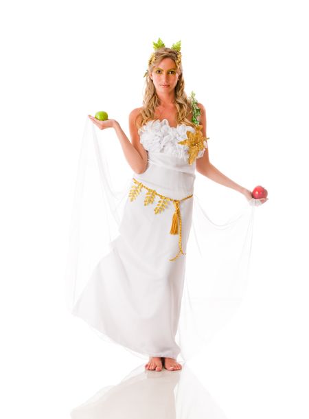 Beautiful full body Greek goddess holding apples - isolated over a white background