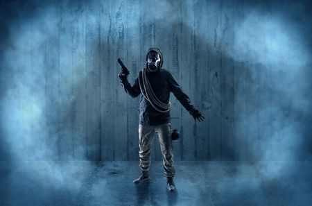 Dreadful dangerous man with wood, shanty wallpaper and fume around