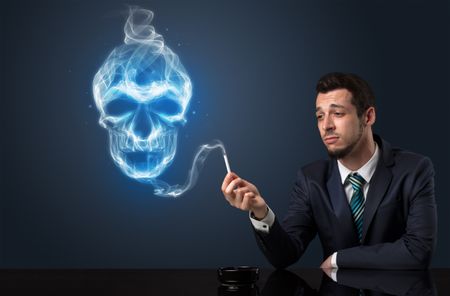 Businessman smoking with skull simbol above his head.