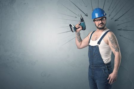 Working man with tools in his hand and arrows above his head.