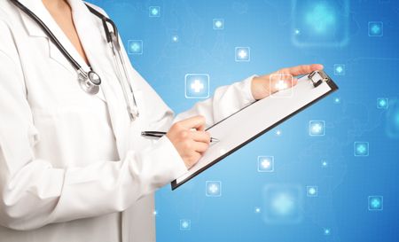 Female doctor holding notepad with blue background and crosses