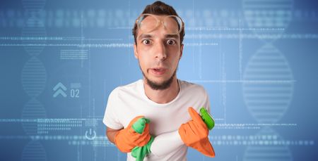 Crowd cleaning theme with male housekeeper and DNS concept wallpaper
