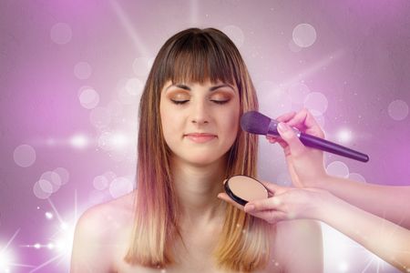 Young woman portrait with shiny pink beauty salon concept and personal styler hand
