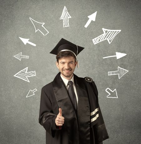 Young graduate student with hand drawn arrows on wall