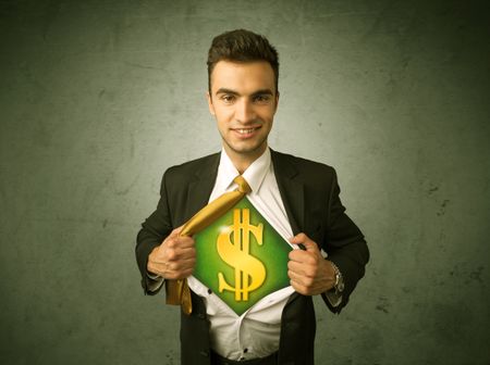 Businessman tearing off his shirt with dollar sign on chest concept on background