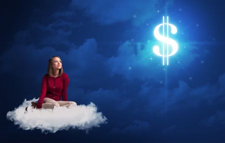 Caucasian woman sitting ona white fluffy cloud daydreaming of money