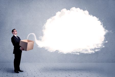 young-cheerful-business-person-holding-cardboard-788427013 A young cheerful business person holding a cardboard box with illustration of white empty cloud concept.