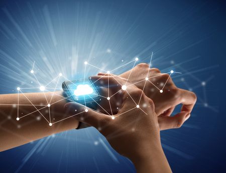 Close up female hand with smartwatch and with cloudy and connection icons around