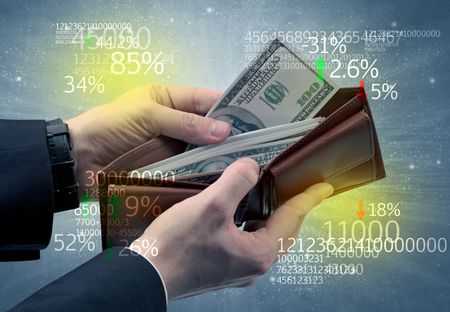 hand-takes-dollar-wallet-stock-exchange-788429785 Hand takes out dollar from wallet with stock exchange theme