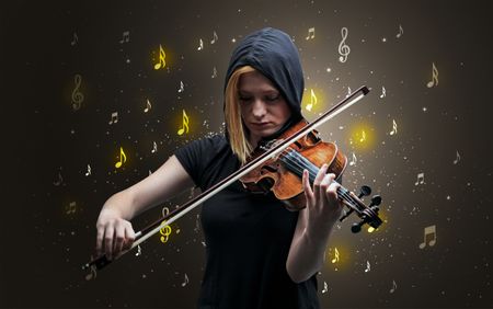 Young violinist with falling musical notes wallpaper and classical concept