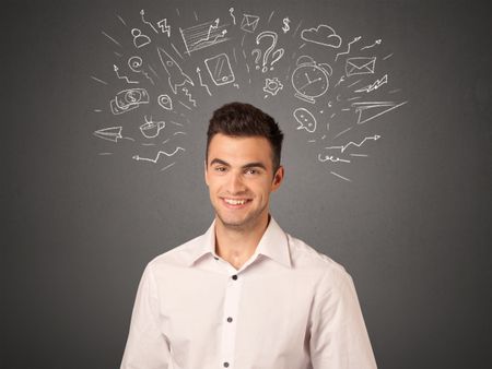 Young casual businessman with white social icons around his head