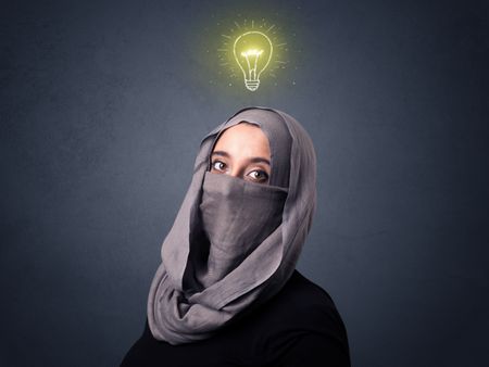 young-muslim-woman-wearing-niqab-lit-789164176 Young muslim woman wearing niqab with lit lightbulb above her head