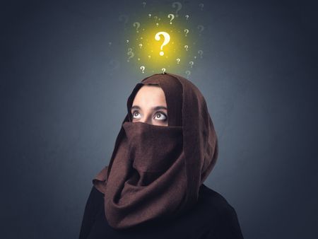 Young muslim woman wearing niqab with yellow question marks above her head