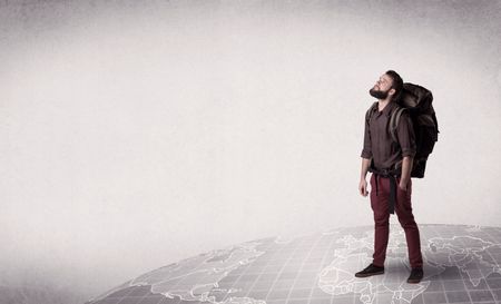 handsome-young-man-backpack-back-standing-789183457 Handsome young man with a backpack on his back standing on a world map