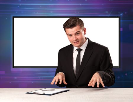 Television program host with big copy screen in his back concept