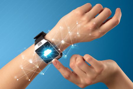 Naked female hand with smartwatch and with cloud technology and connection  symbol