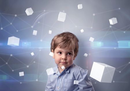 Little boy with luminous cubes around and 3D concept