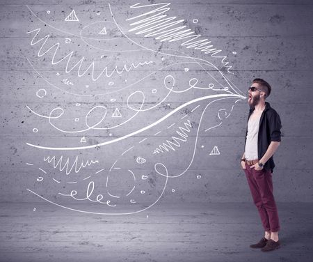 A mad hipster guy with beard shouting drawn white lines, curves on concrete urban wall illustration background concept