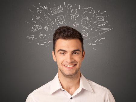 Young casual businessman with white social icons around his head