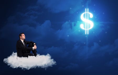 Caucasian businessman sitting on a white fluffy cloud wondering about huge money sign