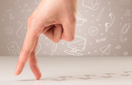 female-fingers-walking-white-surface-bare-792759322 Female fingers walking on white surface with bare footsteps behind them and white scribbles in the background