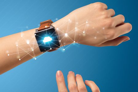 Naked female hand with smartwatch and with cloud technology and connection  symbol