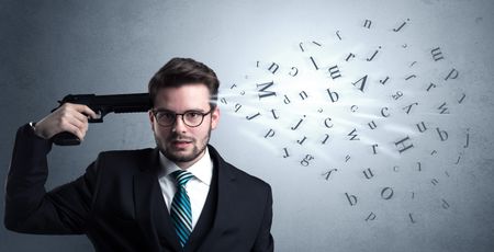 Man shoots his head with gun and letters are coming out from his head