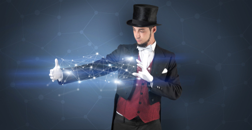 Magician with blue background and geometrical connection between two hands